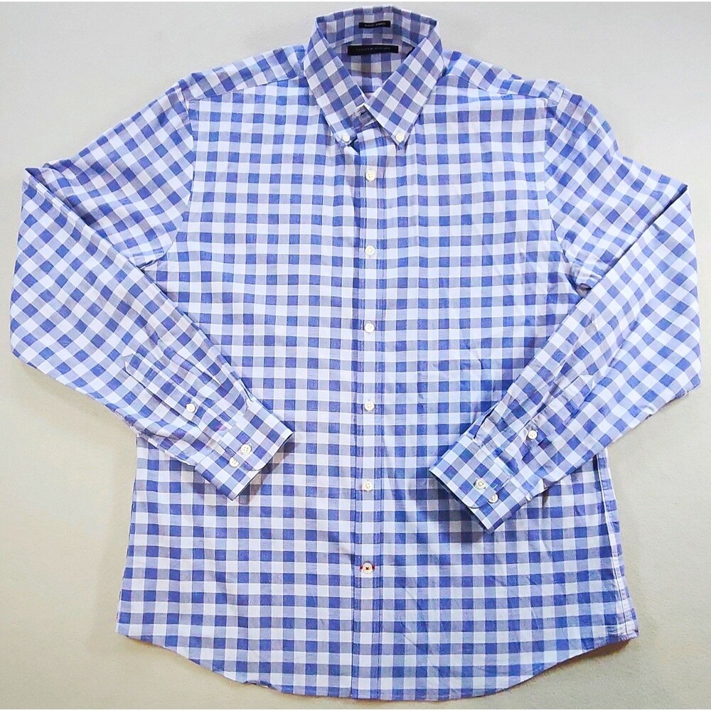 Tommy Hilfiger Slim Fit Stretch Blue/White Check Button Down Shirt L 16.5 34/35